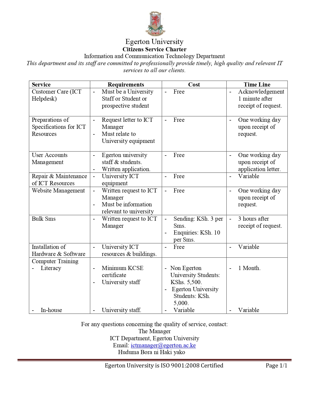 Egerton University dept service charter revised cm page 0001
